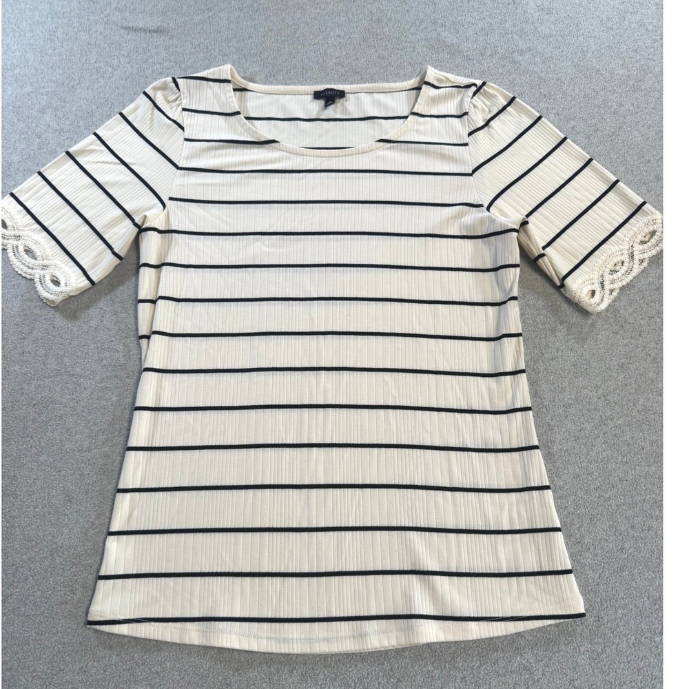 Talbots Ribbed Knit Top Women‎ Medium Cream Navy Blue Excellent Lace Trim Stripe